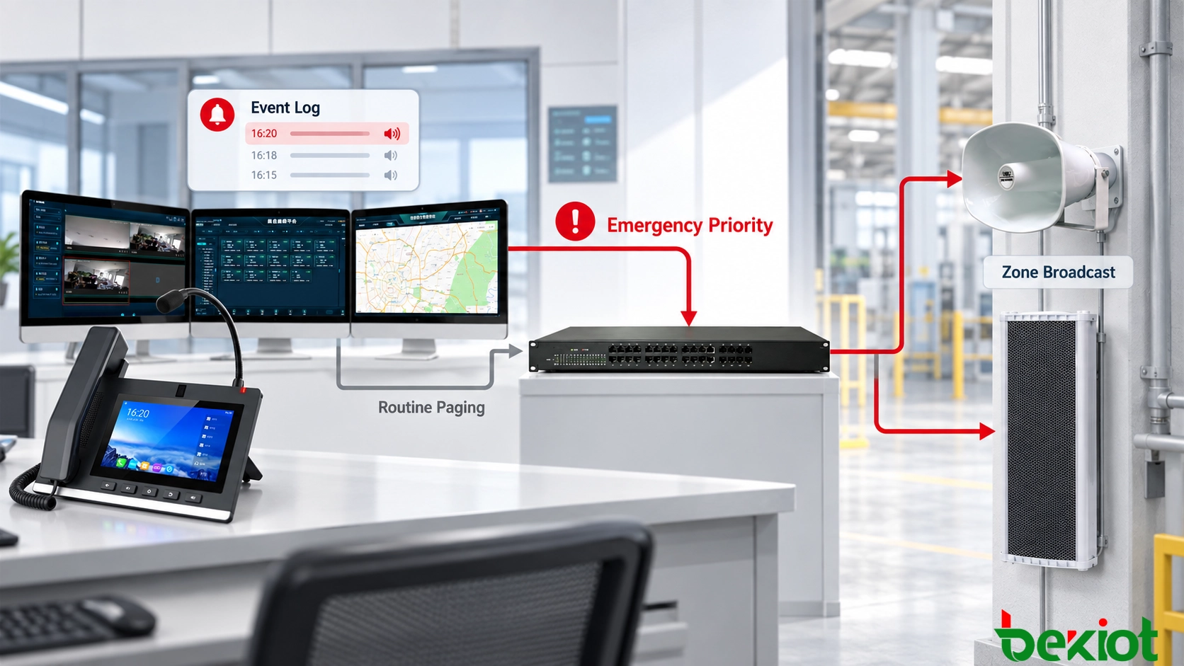 Emergency SIP paging workflow showing priority override, selected broadcast zones, audio delivery and event recording