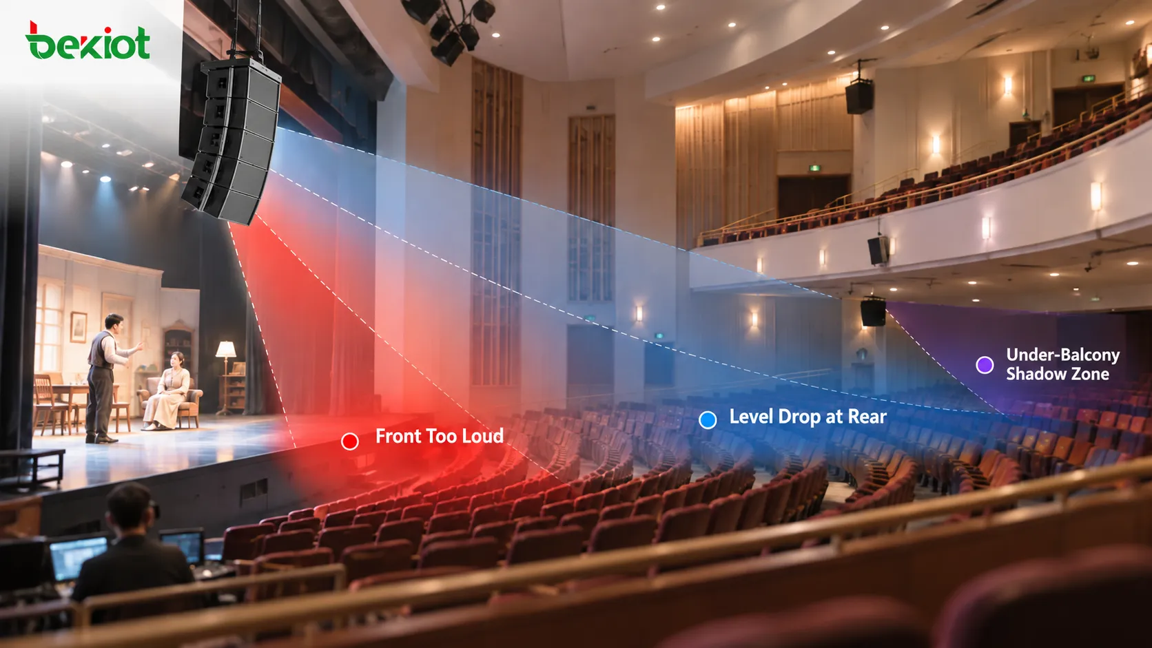 Theatre PA system showing how increasing main loudspeaker SPL can make front-row seats too loud while rear balconies and obstructed areas still suffer from poor coverage and reduced speech intelligibility