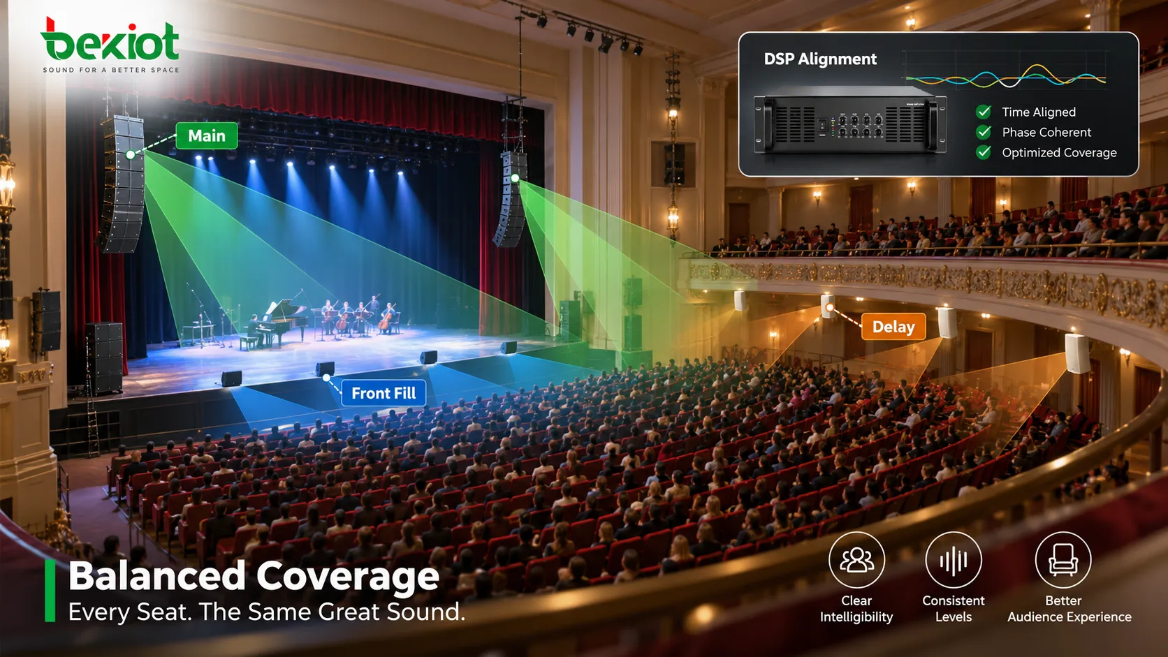 Theatre PA using main line arrays for primary audience coverage, front fills for near-stage seating and under-balcony delay loudspeakers to create a continuous and more uniform sound field