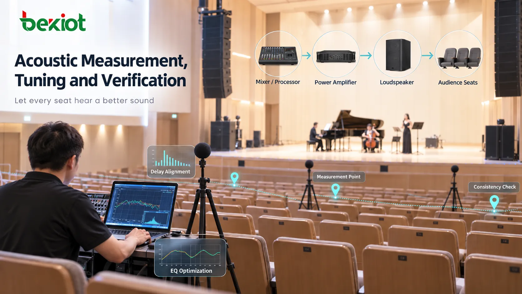 Theatre PA commissioning using measurement positions across the front stalls, rear stalls, balconies and under-balcony areas to verify SPL, frequency response, timing and speech-intelligibility consistency