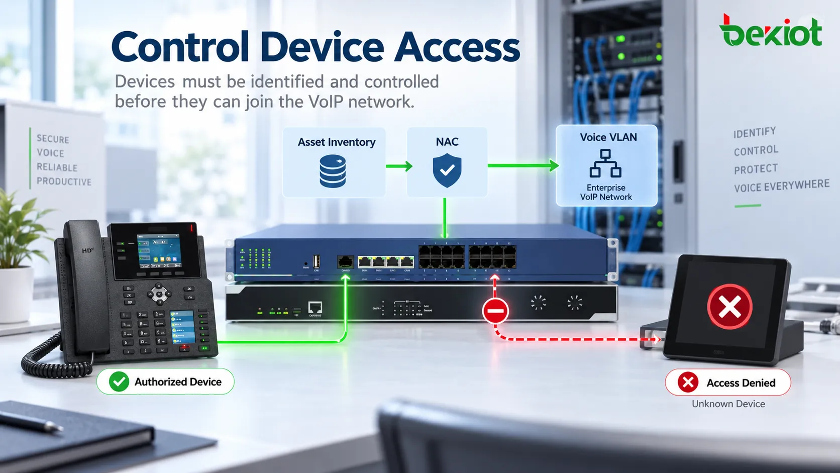 Enterprise voice network using an asset inventory, Voice VLAN, NAC and switch-port controls to prevent unauthorized IP phones, ATAs and VoIP gateways from connecting