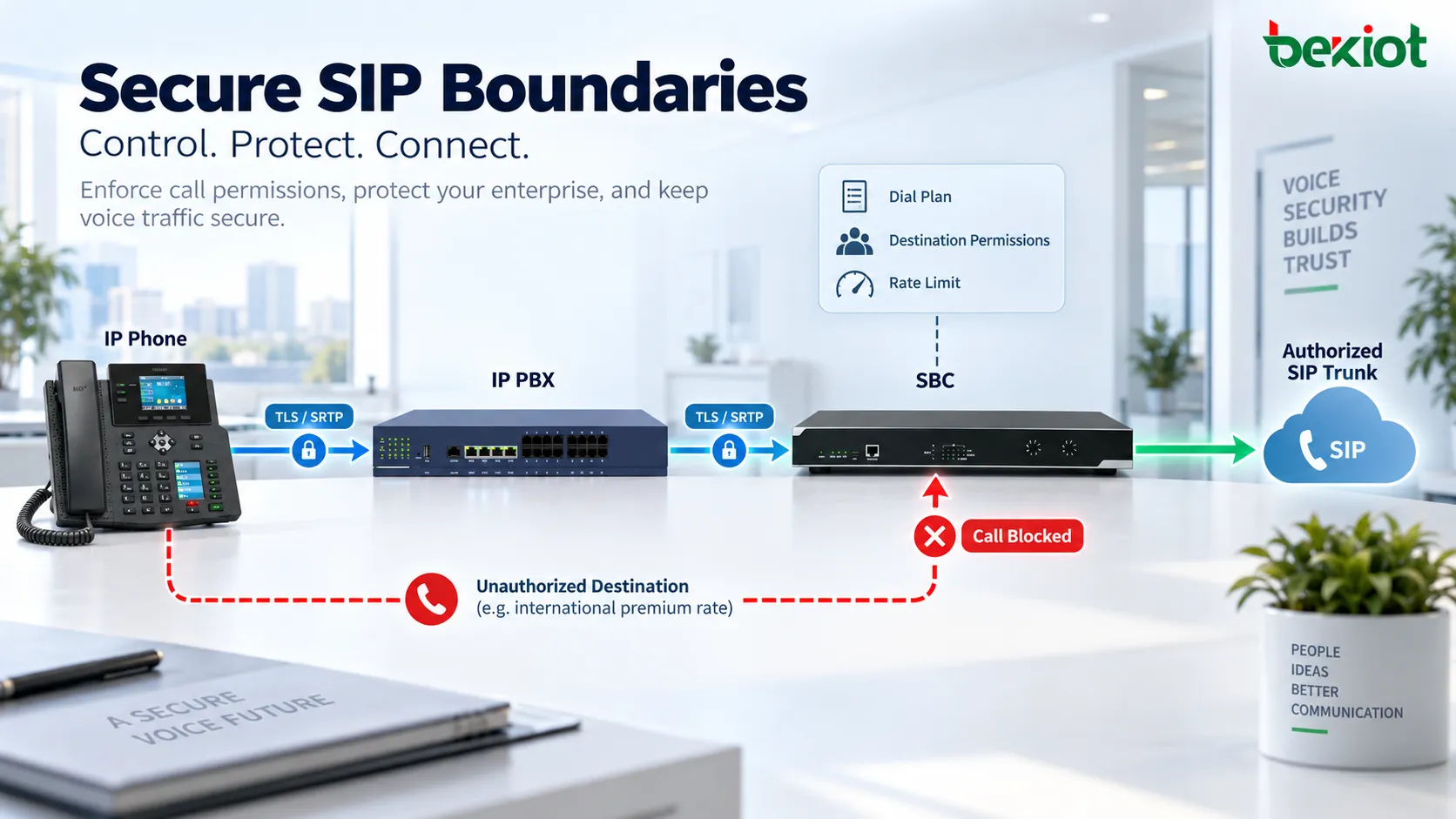 Enterprise VoIP security using SBC controls, Dial Plans, destination permissions, SIP Trunk routing and call limits to restrict external voice traffic and reduce toll fraud risk