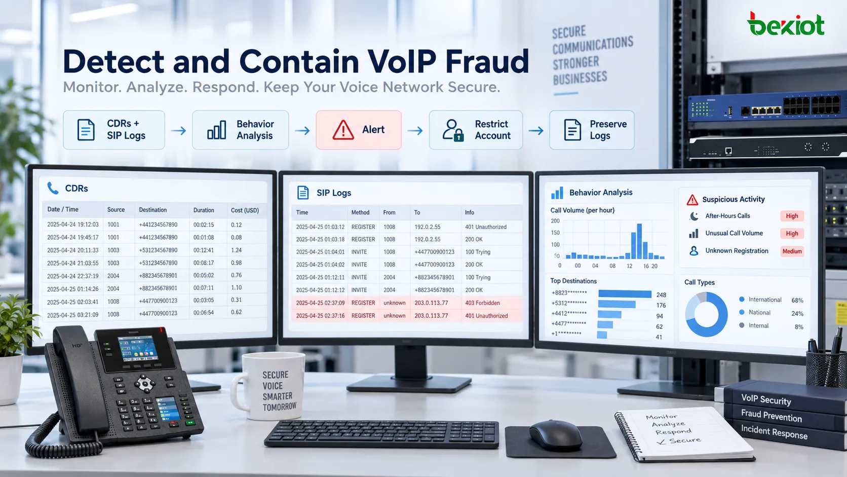 VoIP security platform combining CDRs, SIP logs, behavior analytics and anomaly alerts to detect high-risk calls and contain incidents through account restrictions, forensic logging and response procedures