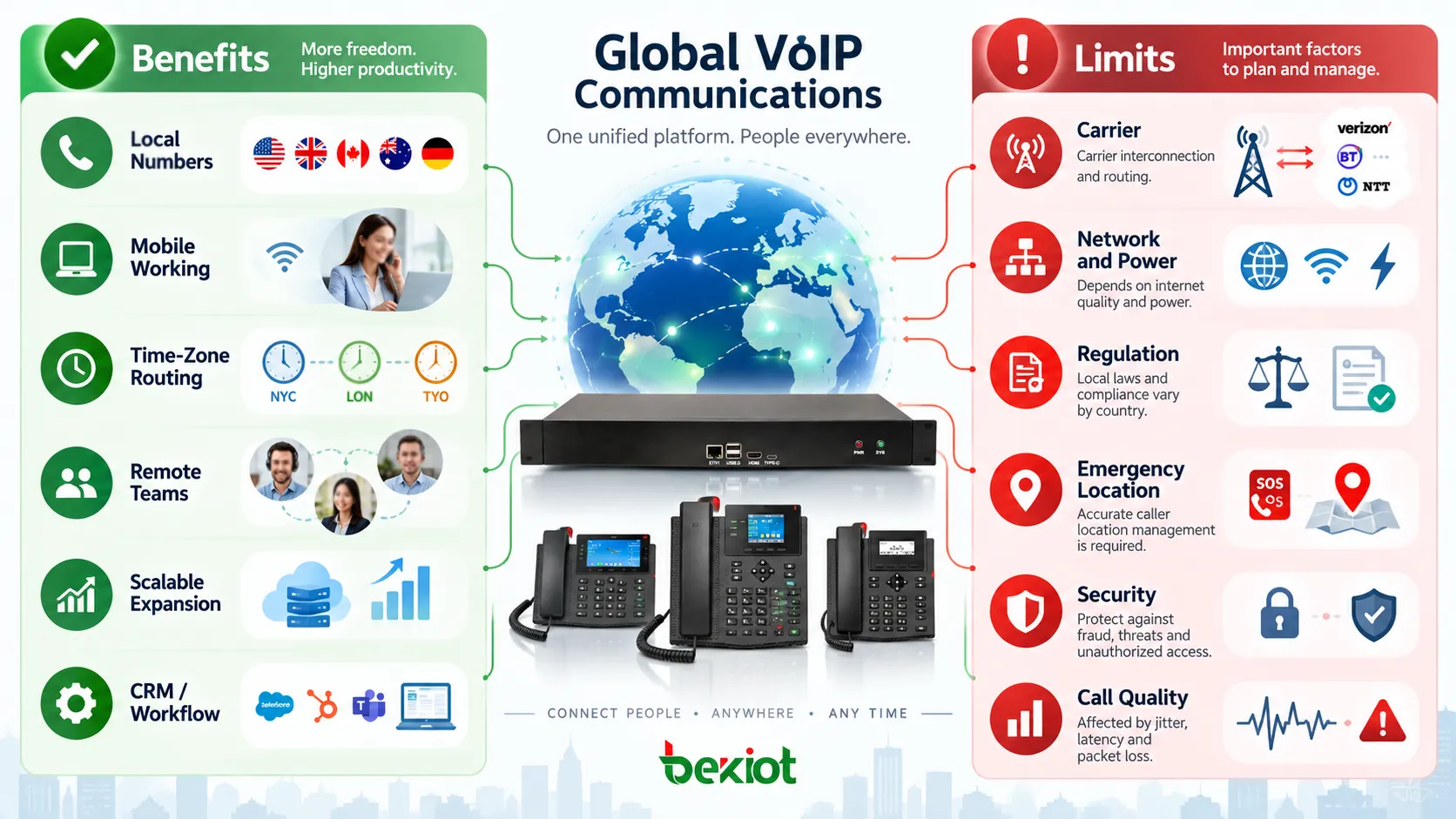 Global VoIP communications providing local numbers, mobile working and time-zone routing while still depending on internet quality, carrier interconnection, local regulation, security and emergency calling location management