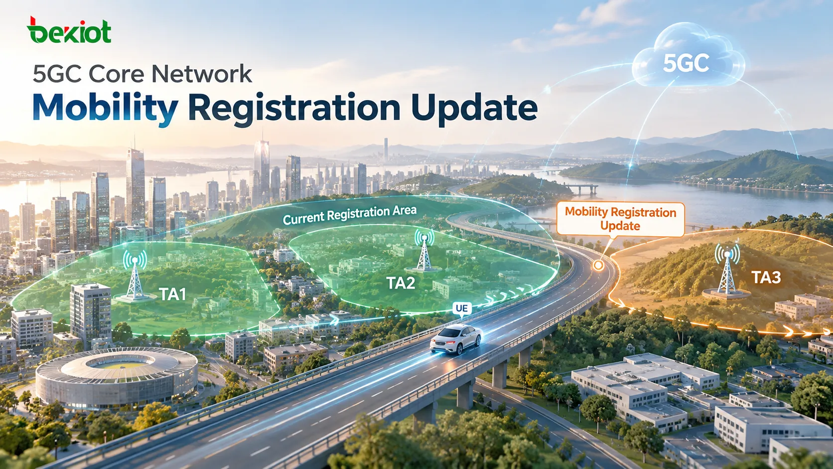 In 5GC Mobility Registration Update, the UE triggers a Mobility Registration Update after moving from a TA inside its current Registration Area to a new TA outside that area, while ordinary cell changes or TA changes within the Registration Area do not require another registration