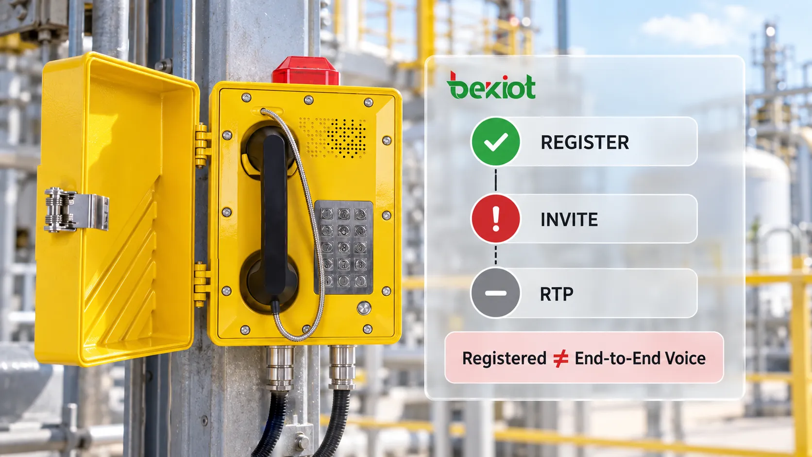 Complete SIP explosion-proof telephone call path from REGISTER registration and INVITE call setup to SDP media negotiation and two-way RTP voice, showing why Registered status does not guarantee end-to-end calling