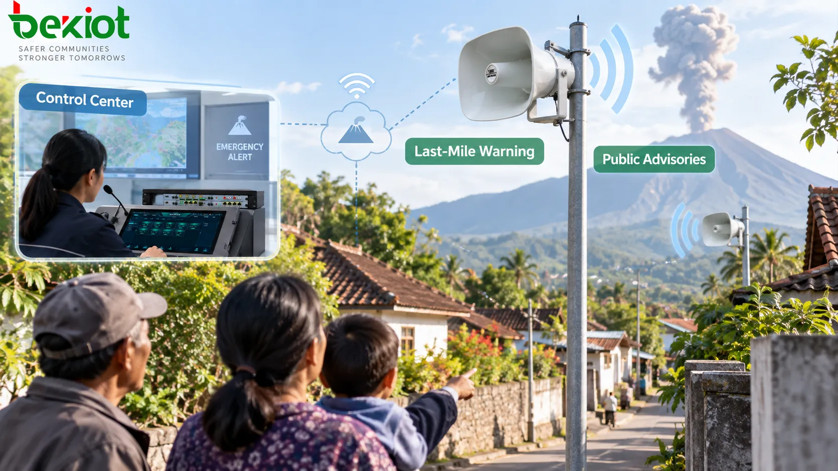 Community near Kanlaon Volcano using a control center, zoned network and outdoor public address loudspeakers to distribute emergency notifications, public advisories and disaster response instructions