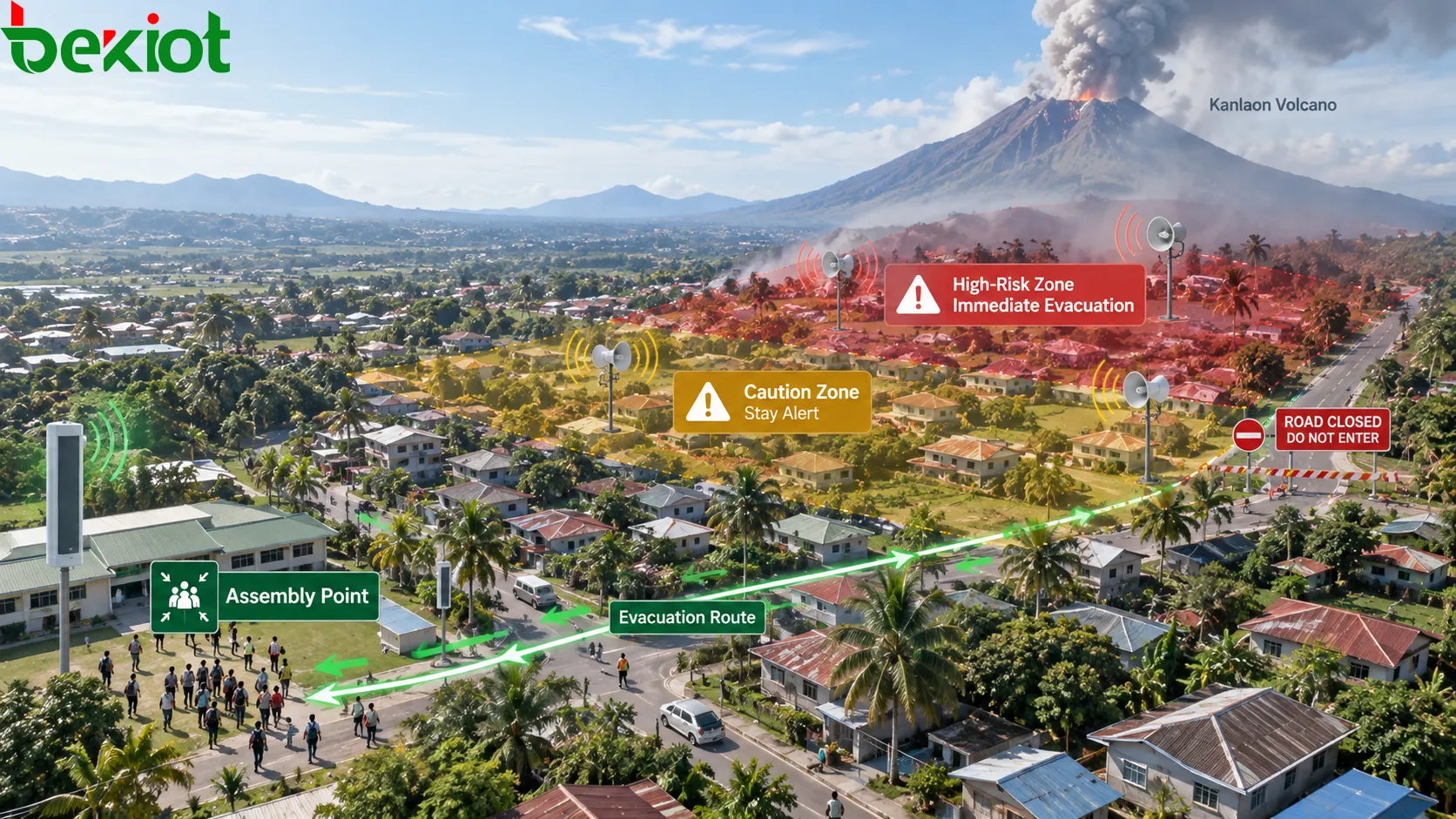 Emergency PA system dividing risk areas into broadcast zones and delivering actionable alerts, evacuation routes, assembly points and road restrictions to different communities