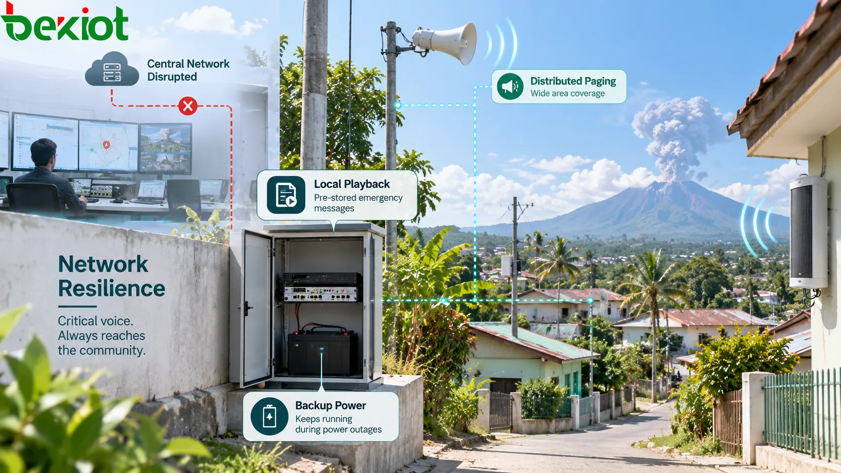 Emergency PA system for volcanic and natural disaster areas using distributed paging nodes, locally stored emergency messages, backup power and redundant network paths to preserve critical broadcasting when the central network is disrupted