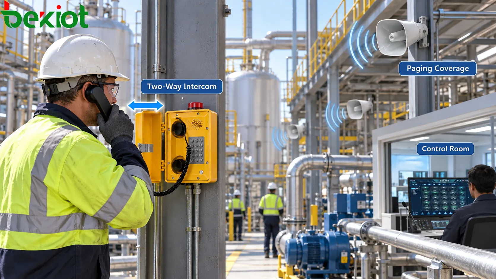 Industrial worker using a rugged intercom while directional horn speakers provide paging coverage in a high-noise production area