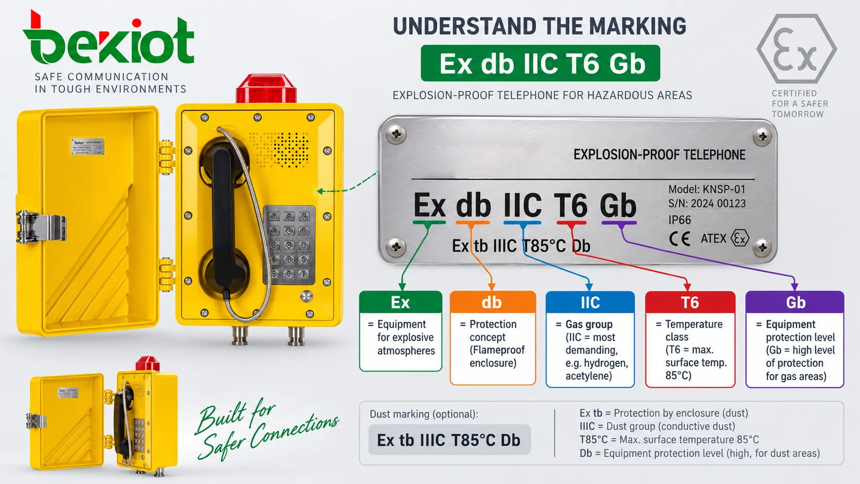 Explosion-proof telephone nameplate breaking down Ex db IIC T6 Gb into Ex marking, protection concept, gas group, temperature class and equipment protection level for hazardous-area verification
