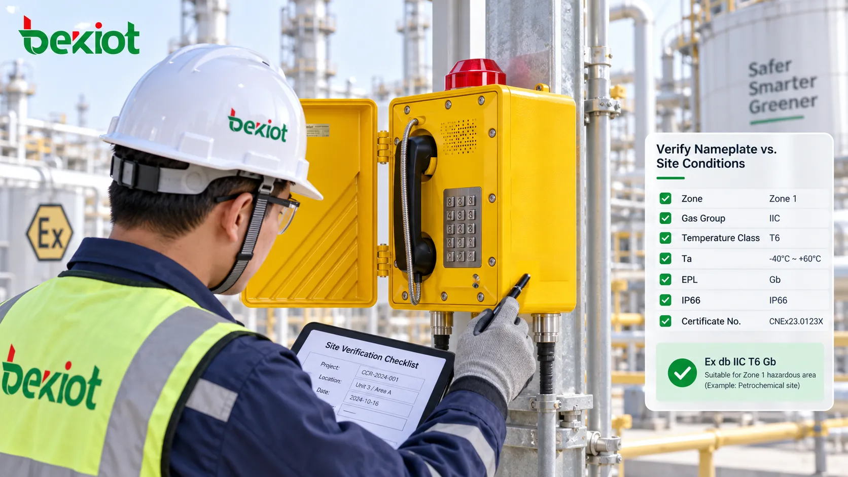 Hazardous-area engineer verifying an explosion-proof telephone nameplate against Zone, gas group, temperature class, ambient temperature, EPL and certificate number instead of checking only IIC T6 or IP66