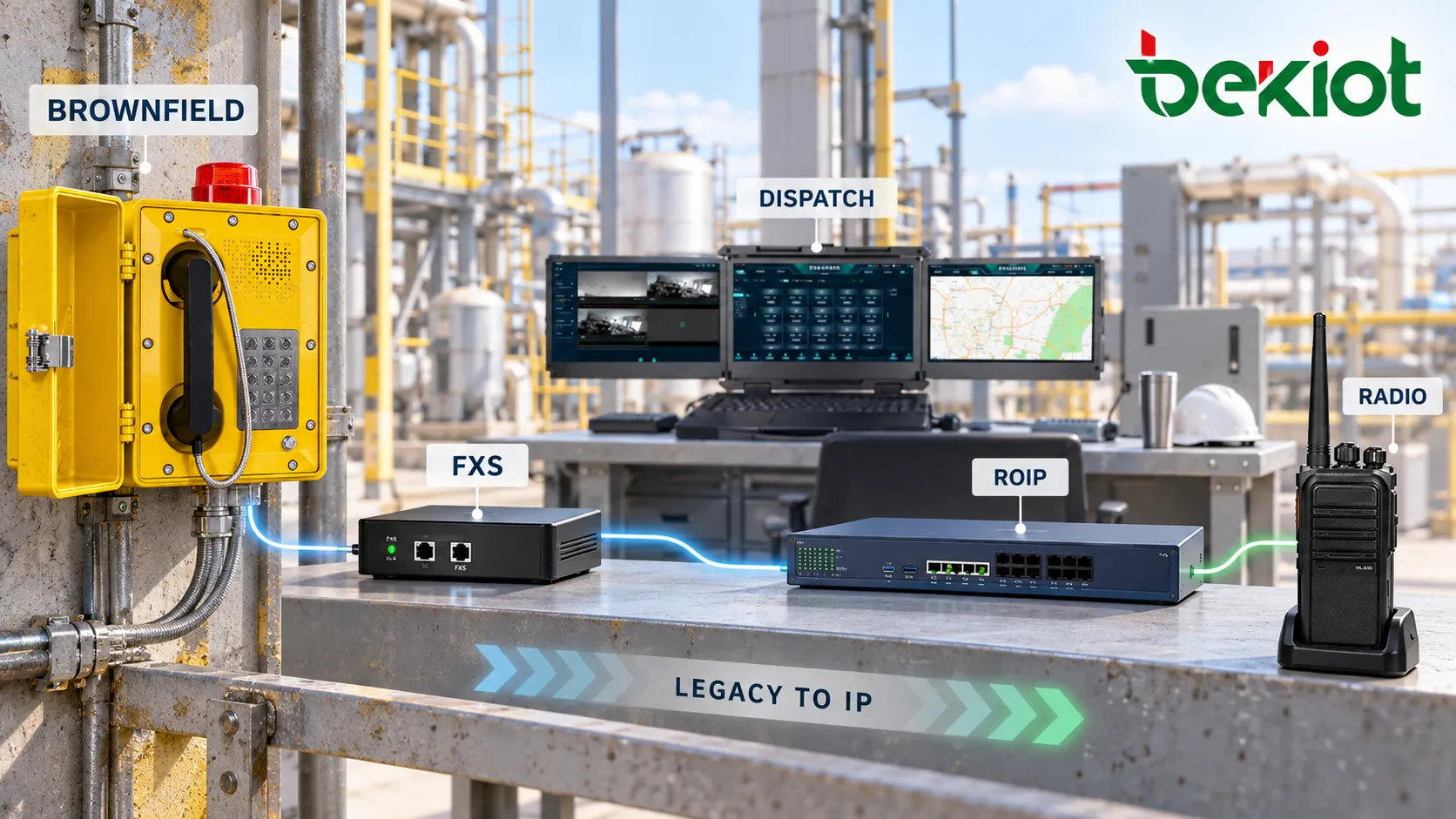 SIP explosion-proof telephone call passing through an IP network and dispatch server to a RoIP Gateway, which provides audio and PTT control to a control radio while COR or COS returns received radio audio to the telephone and dispatch side