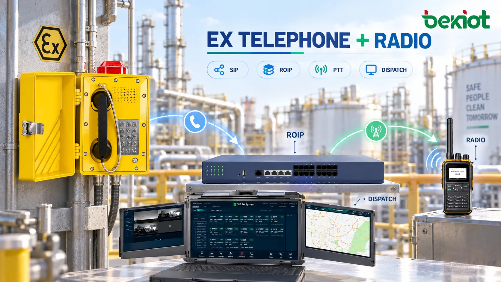 Commissioning of an explosion-proof telephone and RoIP radio dispatch system testing telephone-to-radio calls, radio return audio, PTT timing, Radio Busy status, two-way recording, network failover and speech quality in high-noise field conditions
