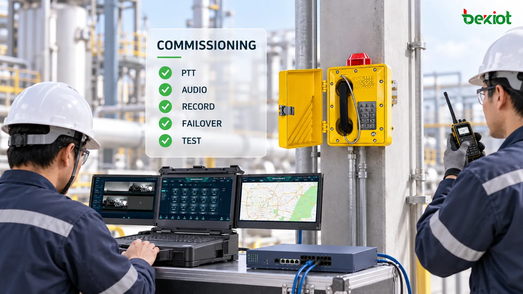 Brownfield industrial site retaining analog explosion-proof telephones and legacy radios while using an FXS voice gateway and RoIP Gateway to integrate them with a unified SIP dispatch platform