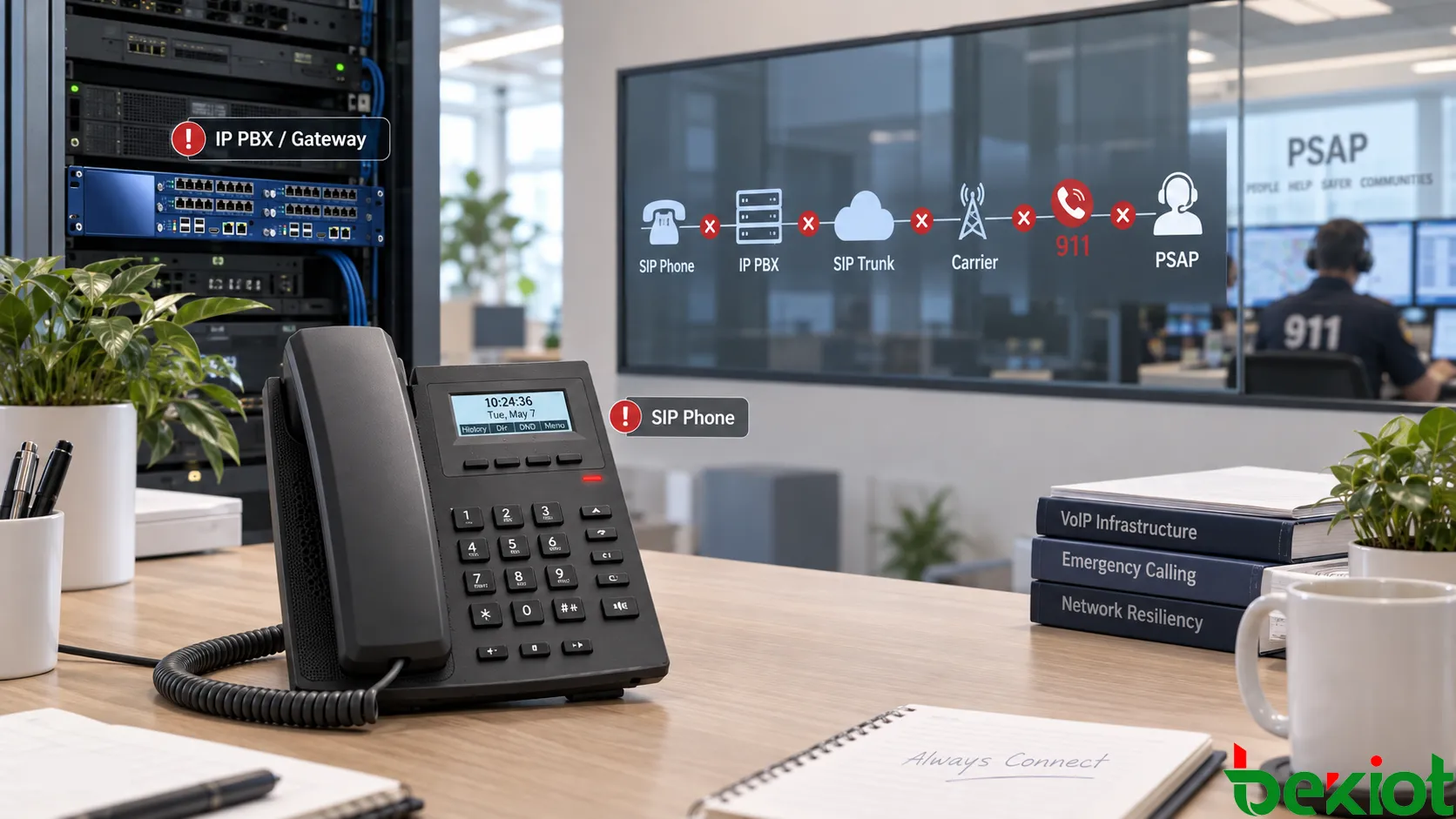 End-to-end VoIP emergency call path from SIP phone, enterprise network, IP PBX and SIP Trunk through carrier and 911 routing to a PSAP, showing separate local, carrier and emergency-services failure domains