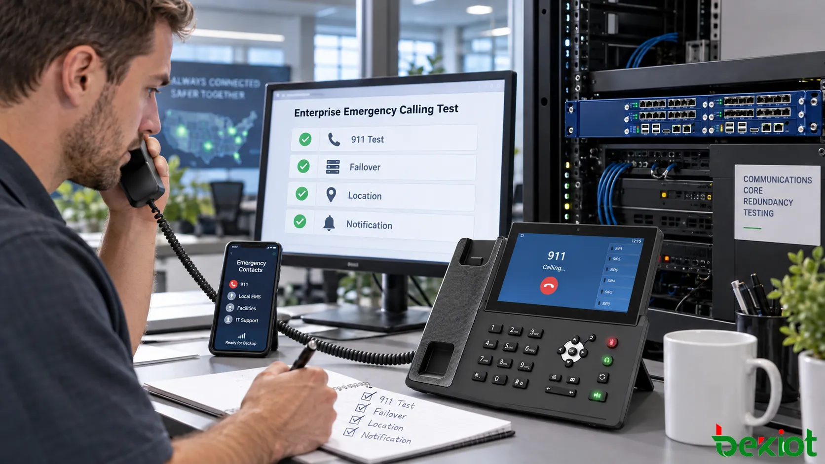Enterprise VoIP emergency calling acceptance testing covering Emergency Location, 911 routing, alternate carriers, Backup WAN, SIP server failover, alternative emergency numbers and internal security notification