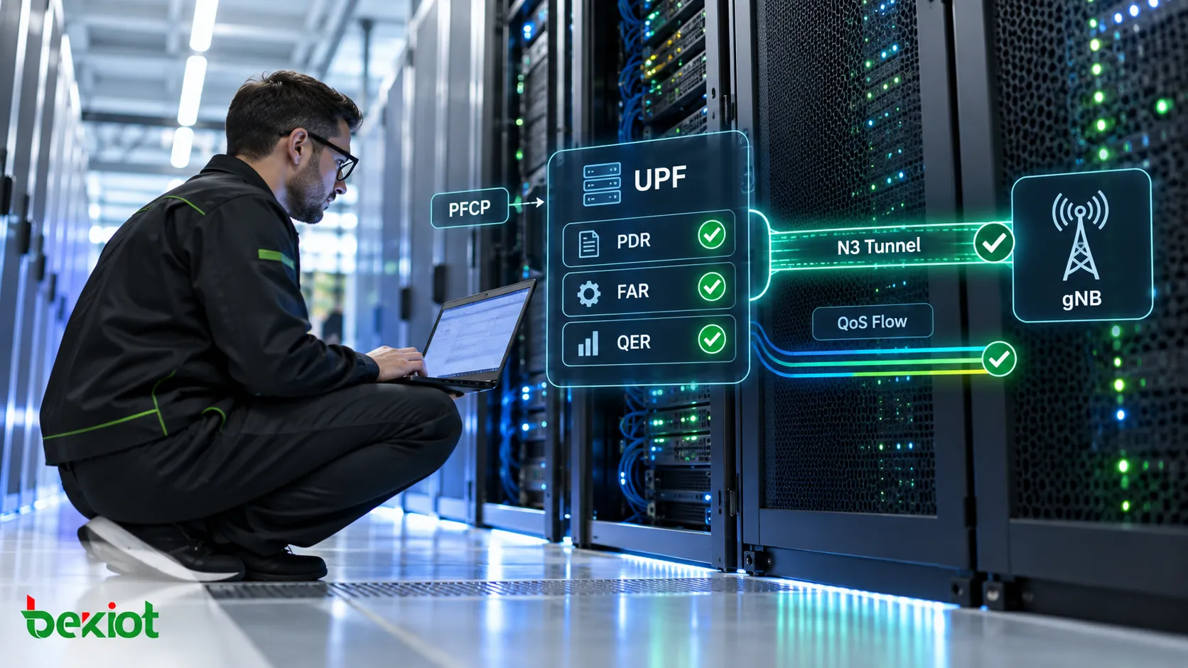 5GC PDU Session Establishment where the SMF creates a PFCP Session in the UPF over N4, uses N1 and N2 signaling to establish QoS Flows and the N3 tunnel at the gNB, then updates the UPF with the gNB address and TEID through PFCP Session Modification