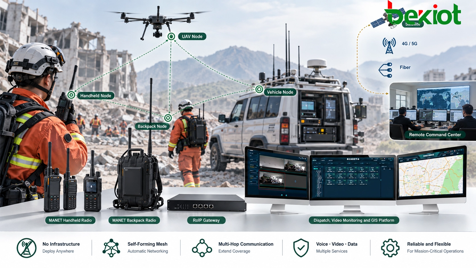 MANET radios automatically forming a mobile ad hoc mesh network where handheld, vehicle-mounted and airborne nodes communicate directly or relay traffic through multiple wireless hops