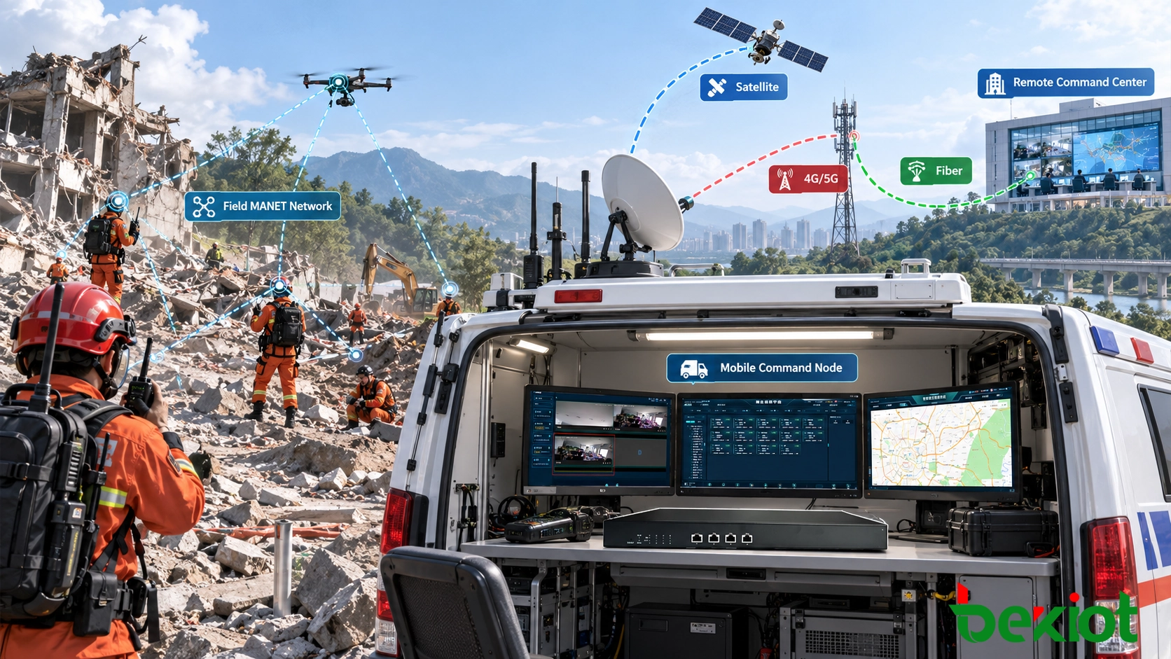 MANET field network connecting handheld radios, vehicles, cameras and UAVs to a mobile command node, with separate 4G, 5G or satellite backhaul linking the field network to a remote command center