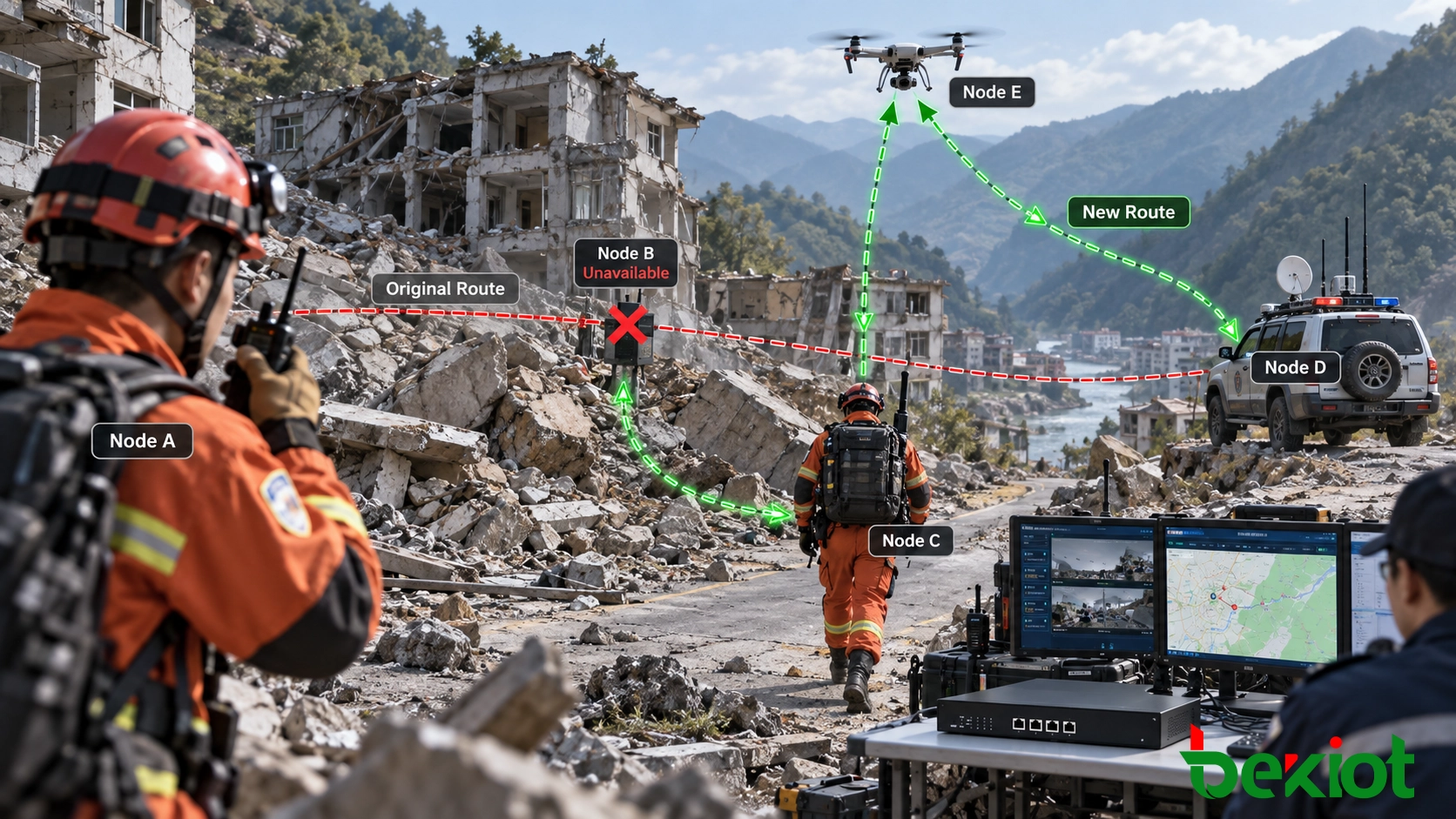 MANET radio network dynamically rerouting traffic when a mobile node moves or a wireless link becomes unavailable, using alternate multi-hop paths between field users and command nodes