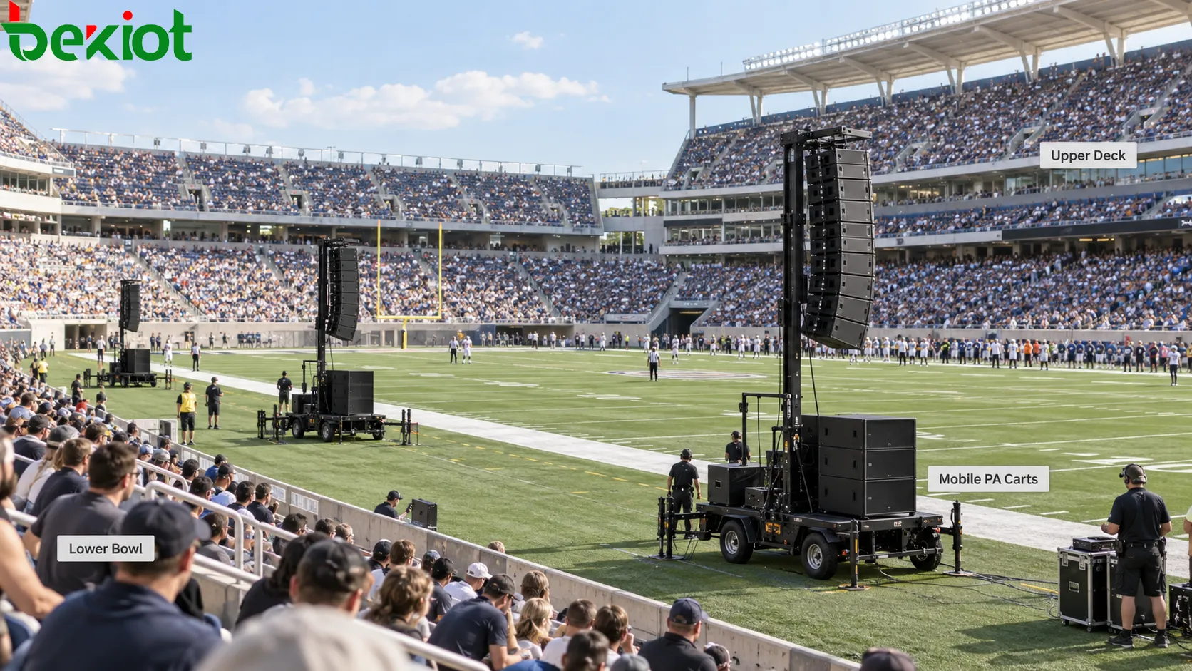 Temporary Super Bowl stadium PA using mobile speaker carts with line arrays and subwoofers positioned around an open-air field to provide entertainment sound coverage for lower and upper seating tiers