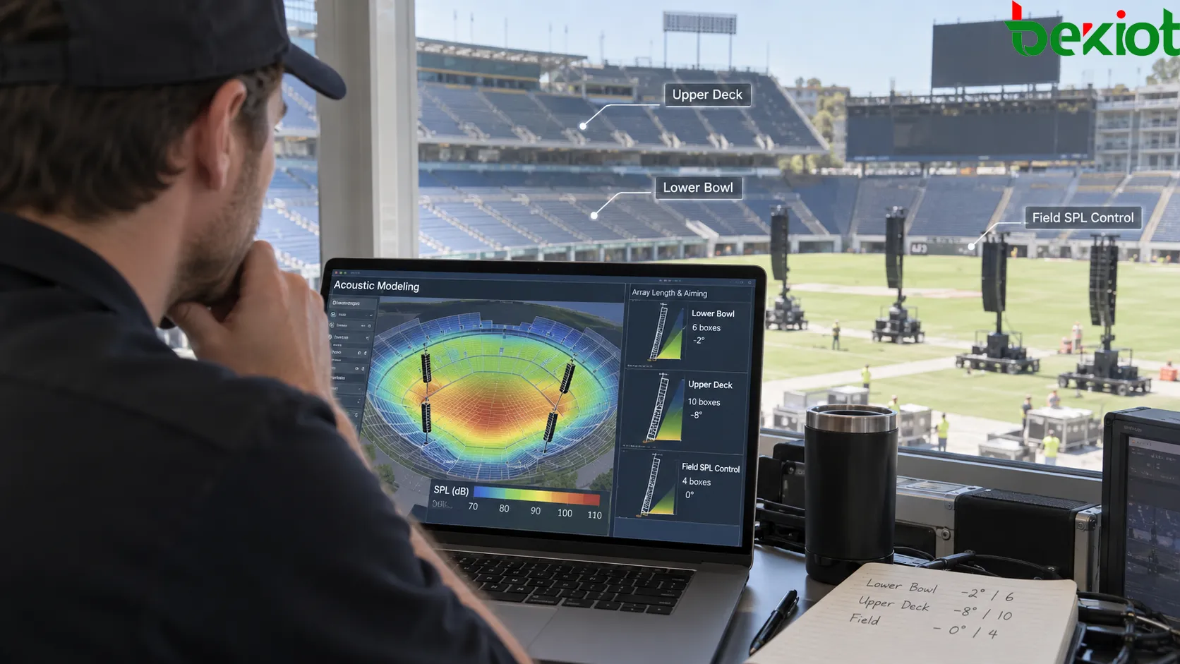 Temporary stadium PA using acoustic modeling to adjust mobile line-array length and vertical aiming for Lower Bowl, Upper Deck and distant seating while controlling excessive SPL on the field