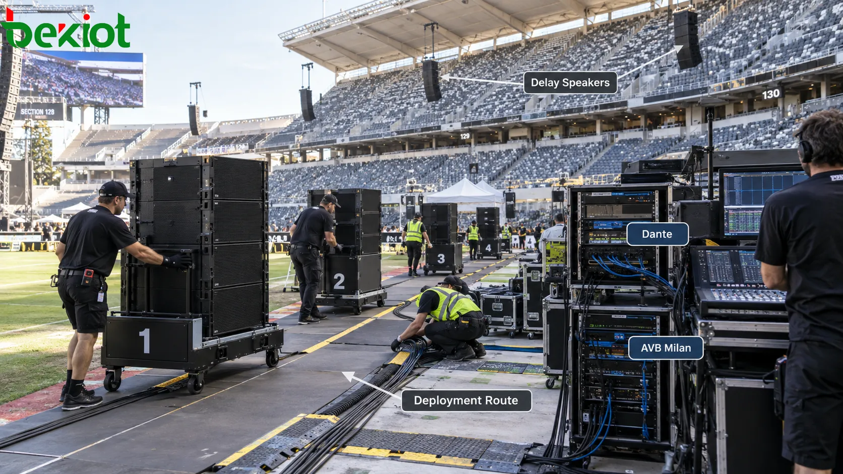 Large-event mobile PA using Dante and AVB Milan networked audio to connect temporary speaker carts, amplified controllers, mixing consoles and installed stadium delay speakers while following predefined rapid deployment and removal routes