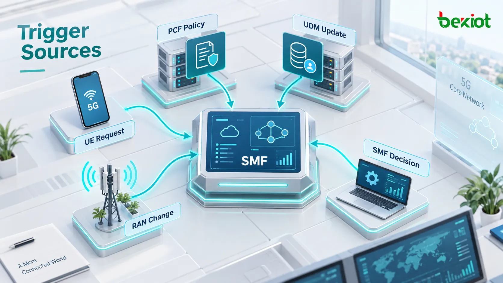 Main triggers for 5GC PDU Session Modification including a UE request, PCF policy change, UDM subscribed QoS update, SMF local decision and RAN condition change, with the SMF coordinating the session update