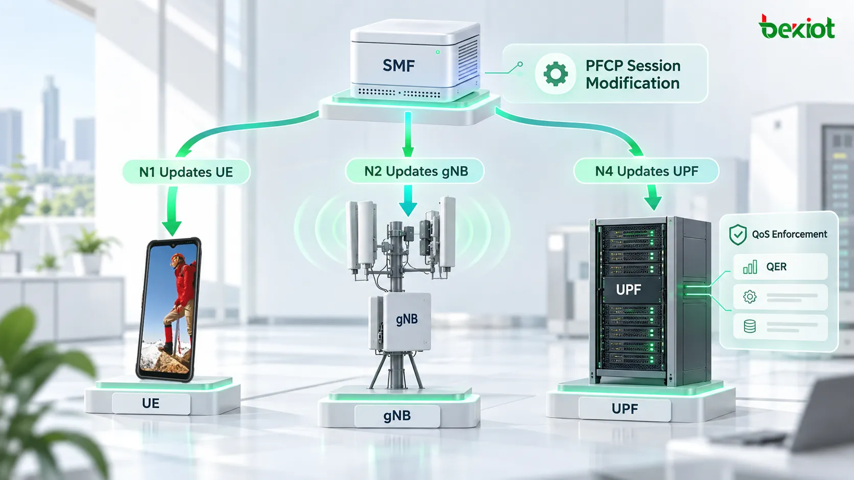 5GC PDU Session Modification using N1 to update UE QoS parameters, N2 to modify gNB QoS Flow resources, and N4 PFCP Session Modification to update QER and other user-plane enforcement rules in the UPF