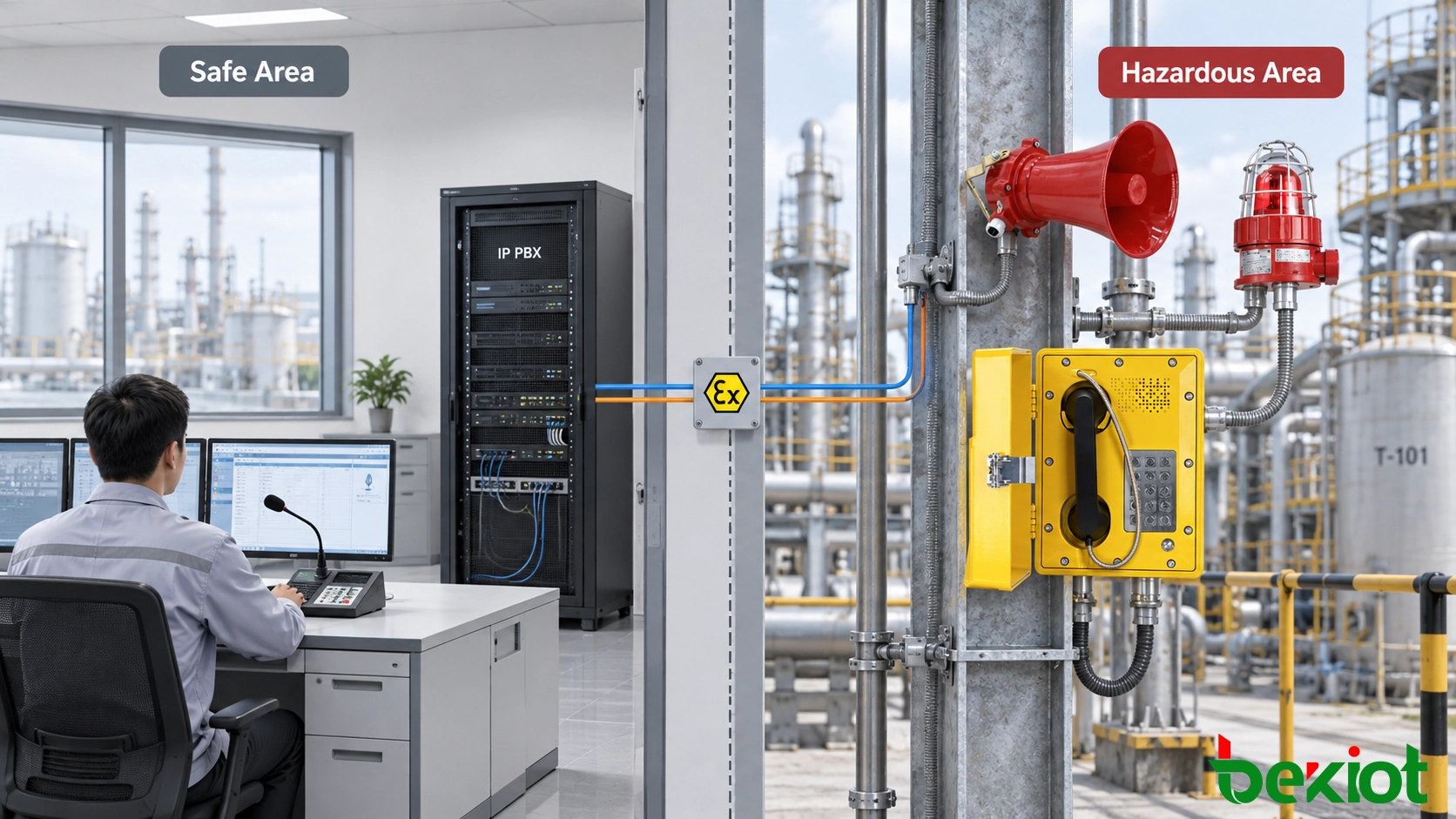 Explosion-proof PA system architecture separating safe-area control equipment from hazardous-area telephones speakers and alarm devices