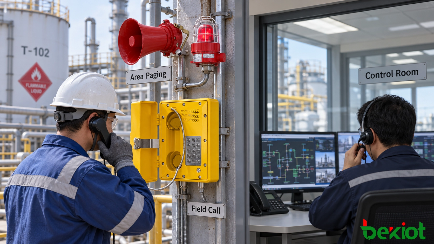 Explosion-proof telephone and SIP intercom coordination with control-room dispatch and hazardous-area public address