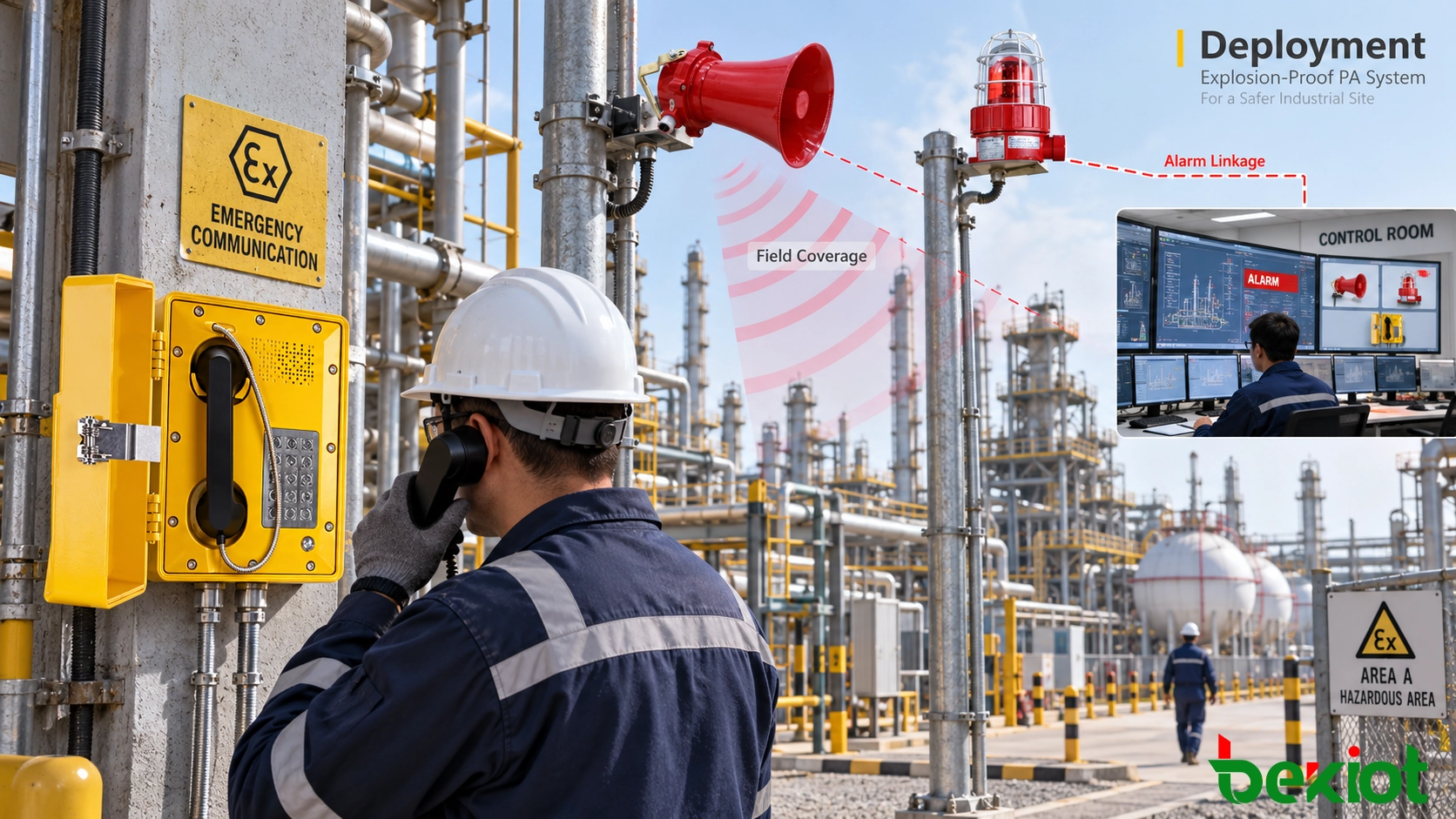 Explosion-proof PA system engineering workflow covering hazardous-area device selection field placement alarm integration and control-room deployment