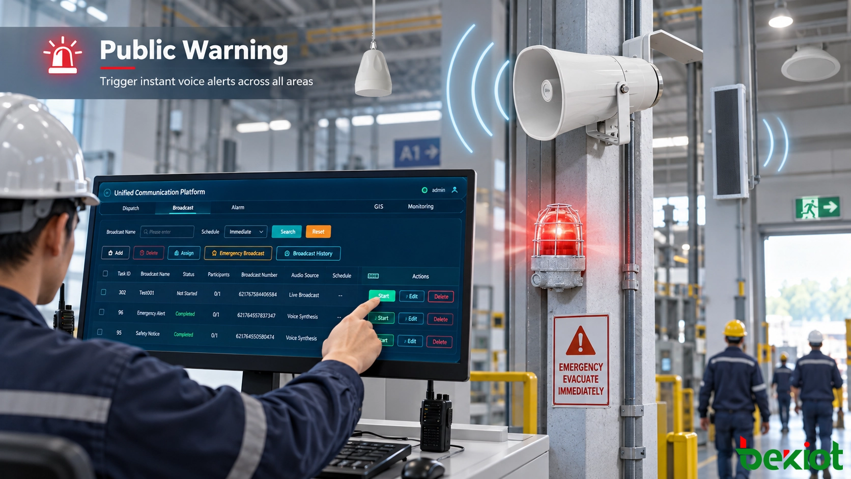 Emergency event triggering a public address warning from a control center