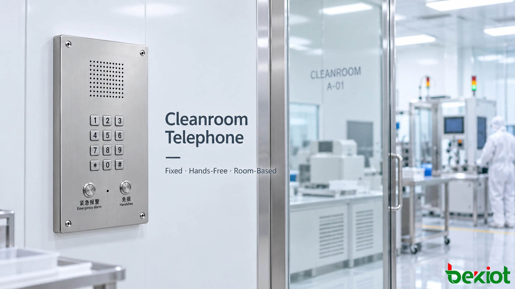 Fixed cleanroom telephone compared with a conventional desktop phone