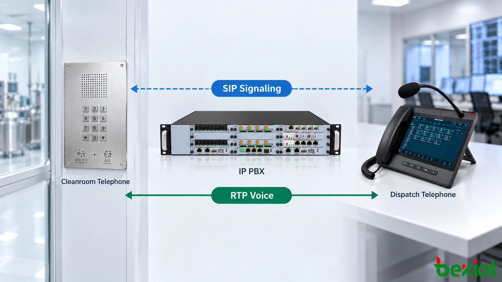 SIP signaling and RTP voice media paths between a cleanroom telephone IP PBX and dispatch telephone