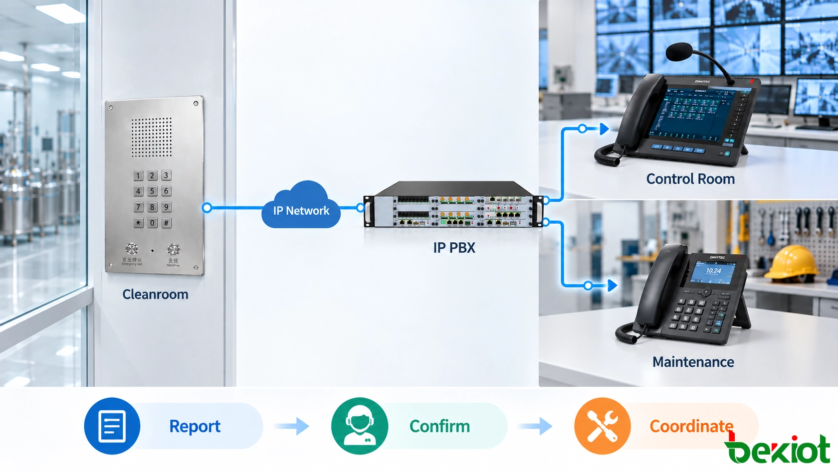 Cleanroom SIP telephone communicating with the control room and maintenance through the IP PBX