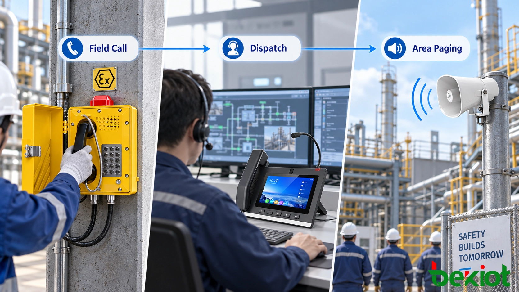 IP command and dispatch workflow showing an operator receiving a field call and coordinating maintenance, radio resources and area paging