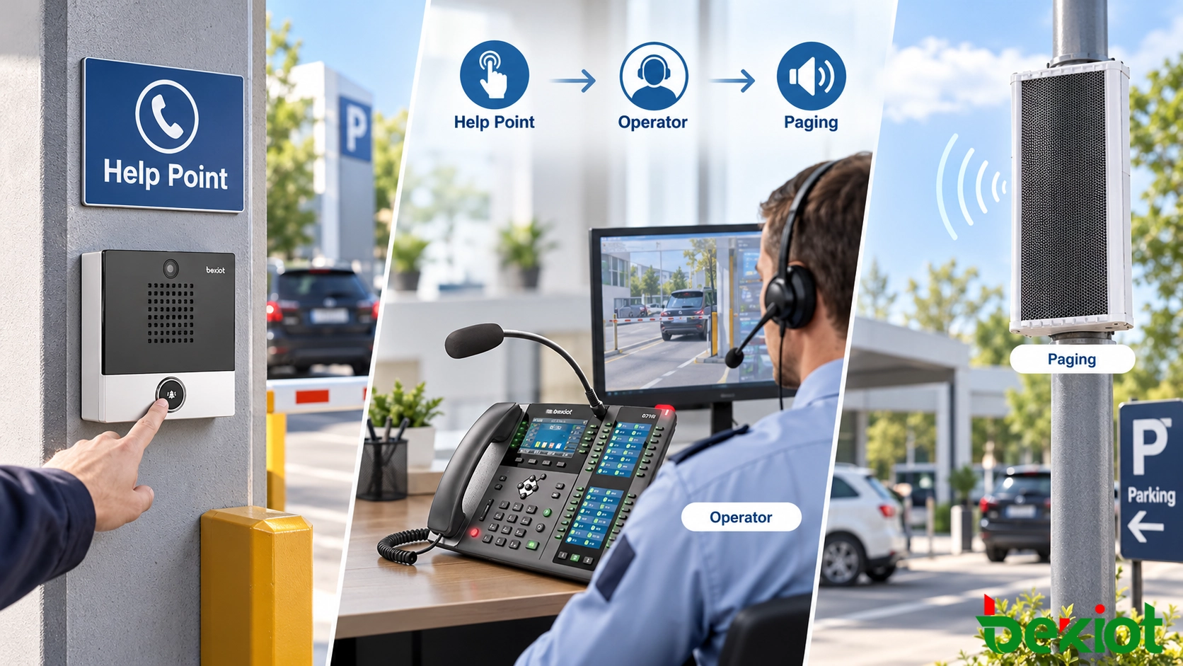 IP site communication solution with parking assistance, entrance intercom, industrial telephones and zoned SIP paging connected to a control room