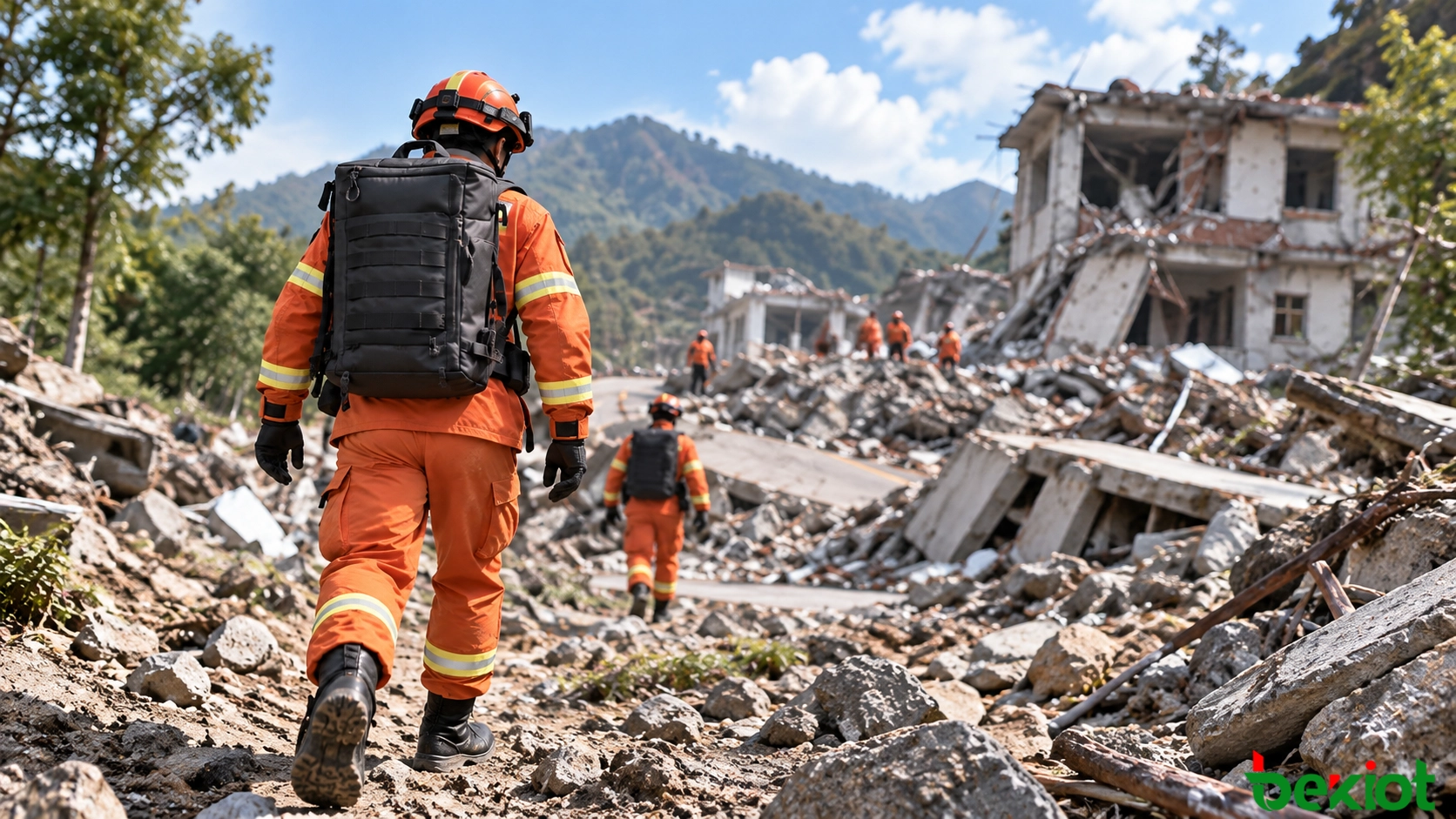 Rescue worker carrying a compact antenna mast on foot toward a disaster area inaccessible to communication vehicles