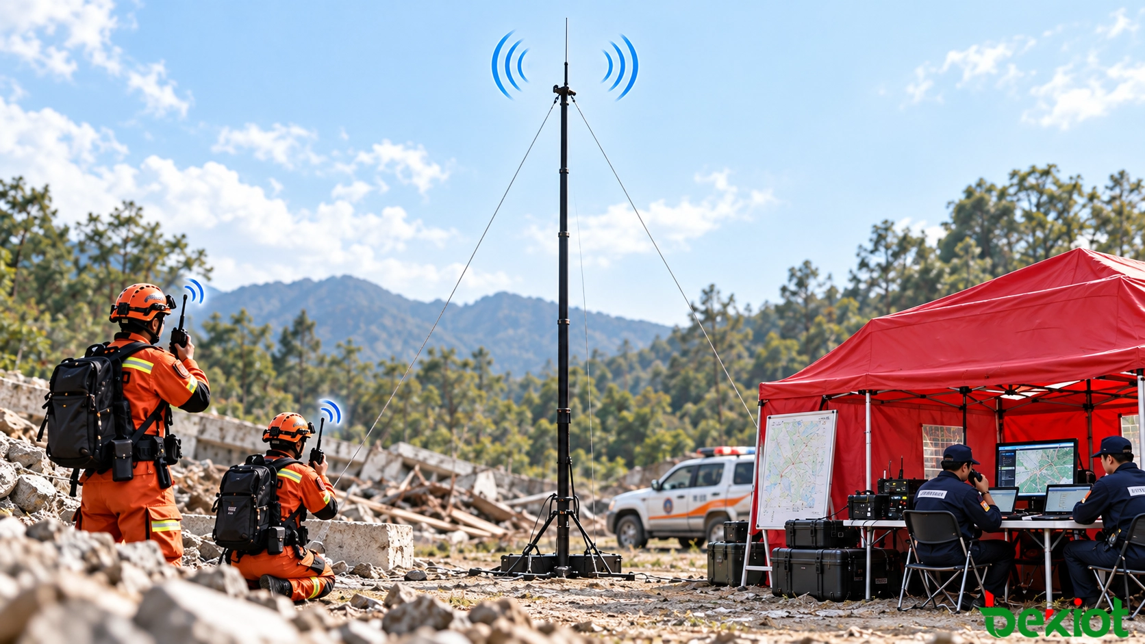 Emergency communication diagram linking frontline radio users through an elevated temporary antenna and field command post to a remote center