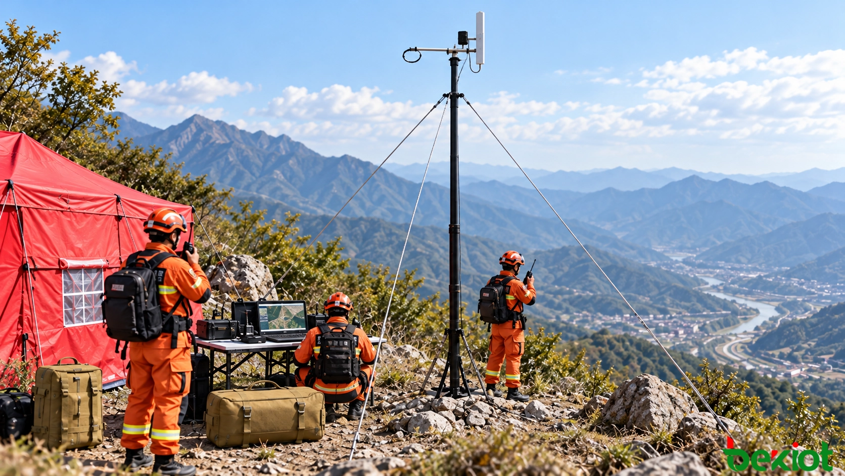 Mountain rescue team using a secured portable antenna mast at a temporary incident command position