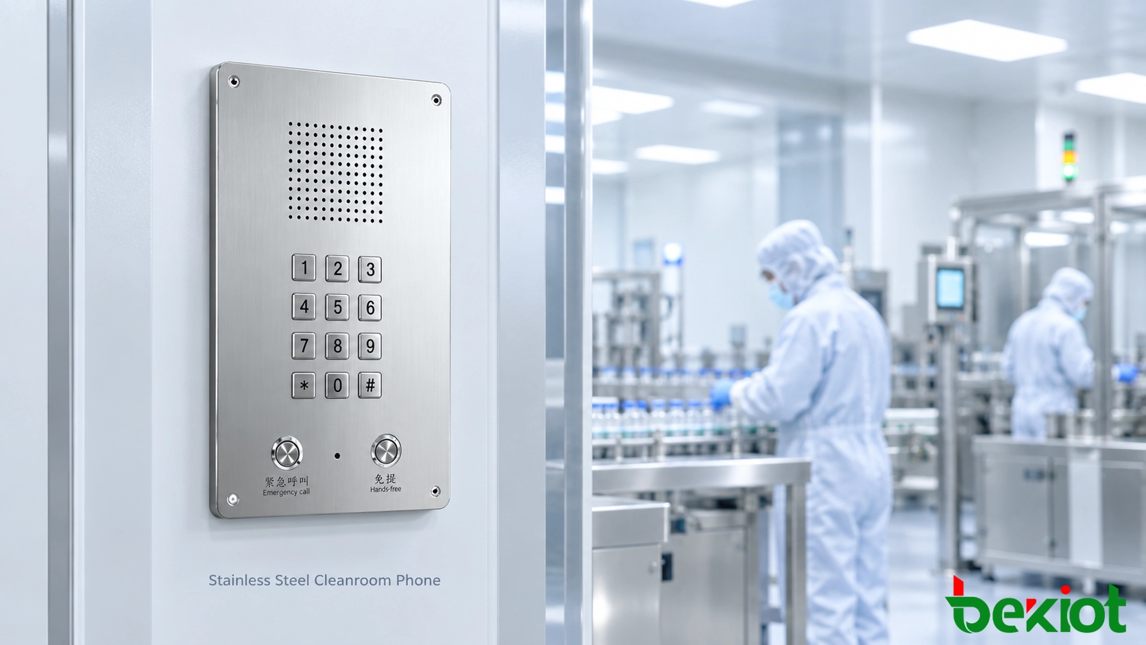 Stainless steel cleanroom phone installed in pharmaceutical facility
