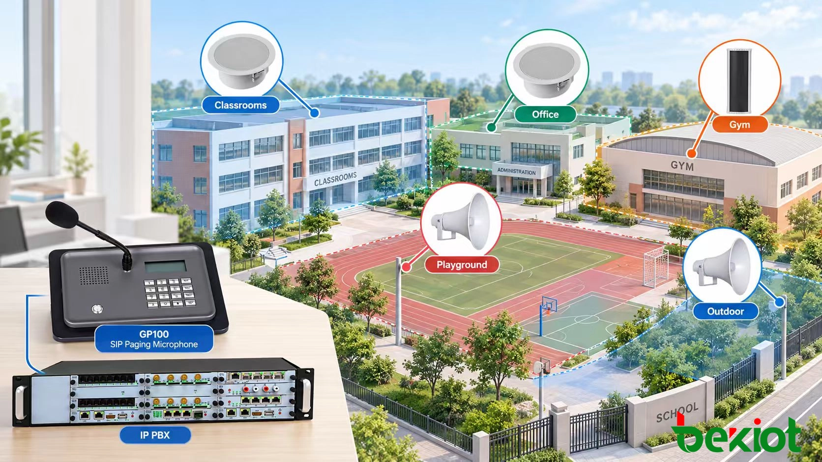 School PA system paging zone planning for campus areas