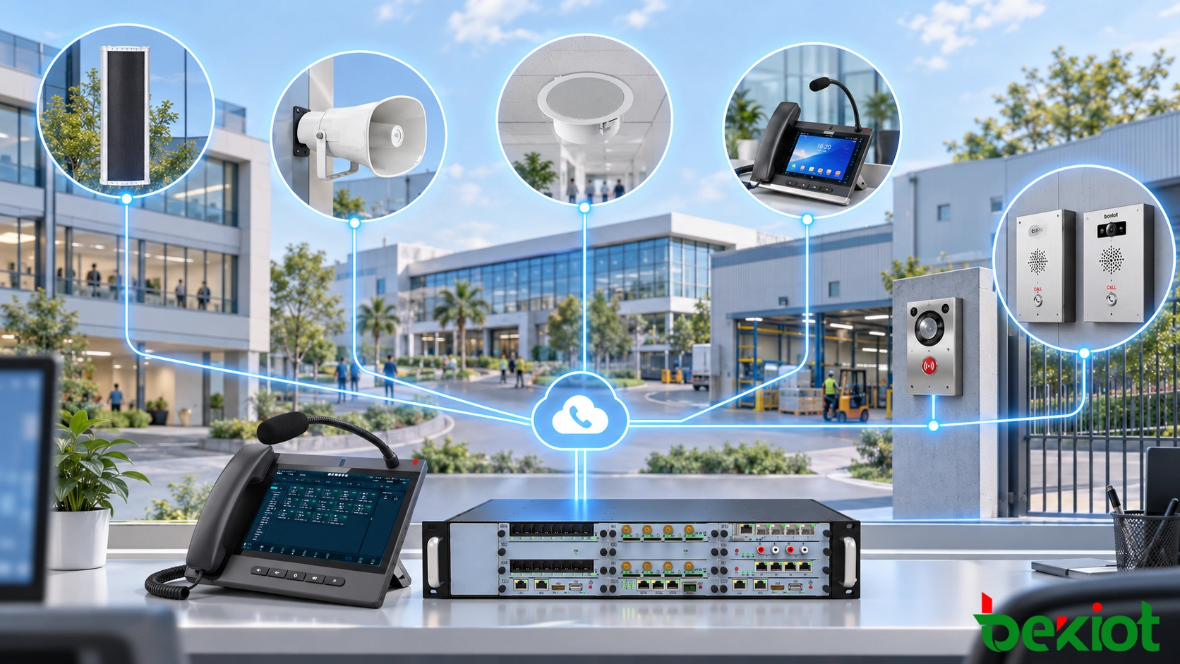 IP paging system concept linking a central communication interface with phones, speakers, monitoring and alert devices
