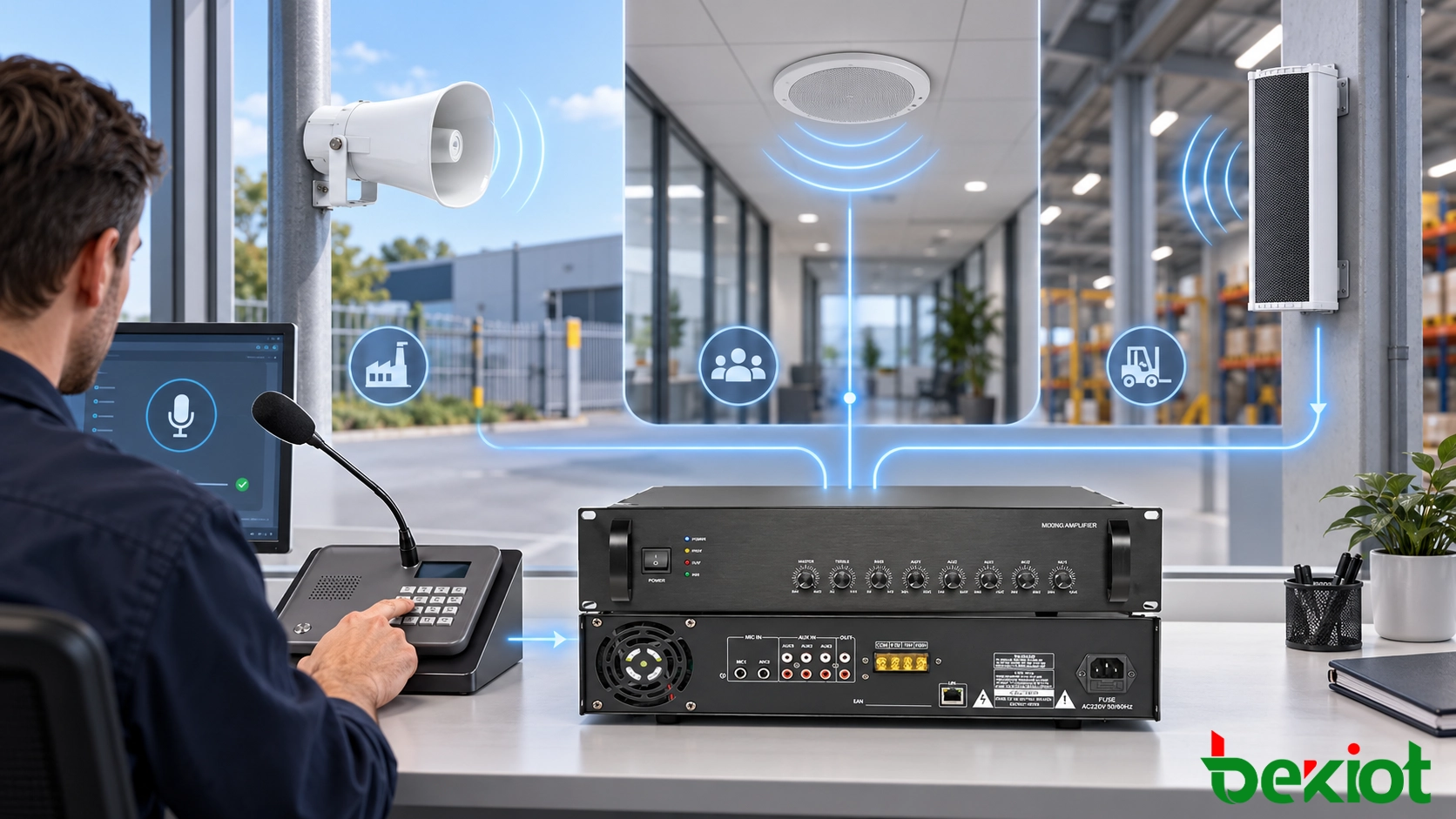 Existing public address control interface illustrated with a paging amplifier and horn speaker