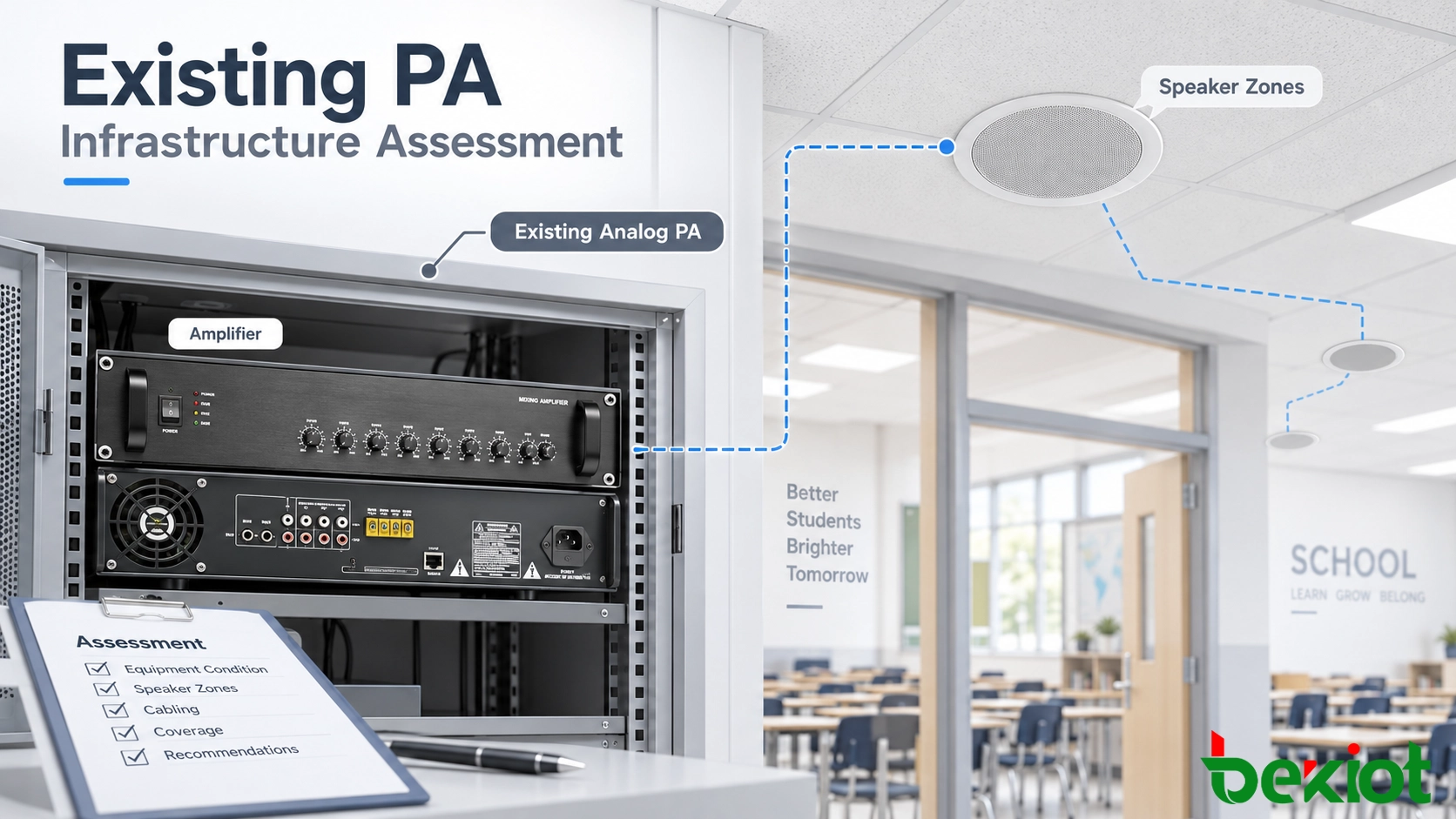 Assessment process showing existing analog school PA infrastructure, amplifier, speaker zones and future IP communication upgrade points