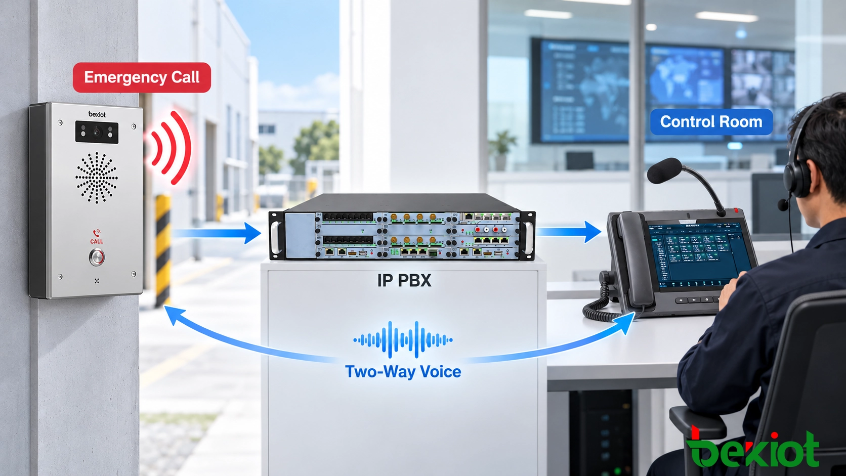 Emergency intercom call response workflow from control room to user