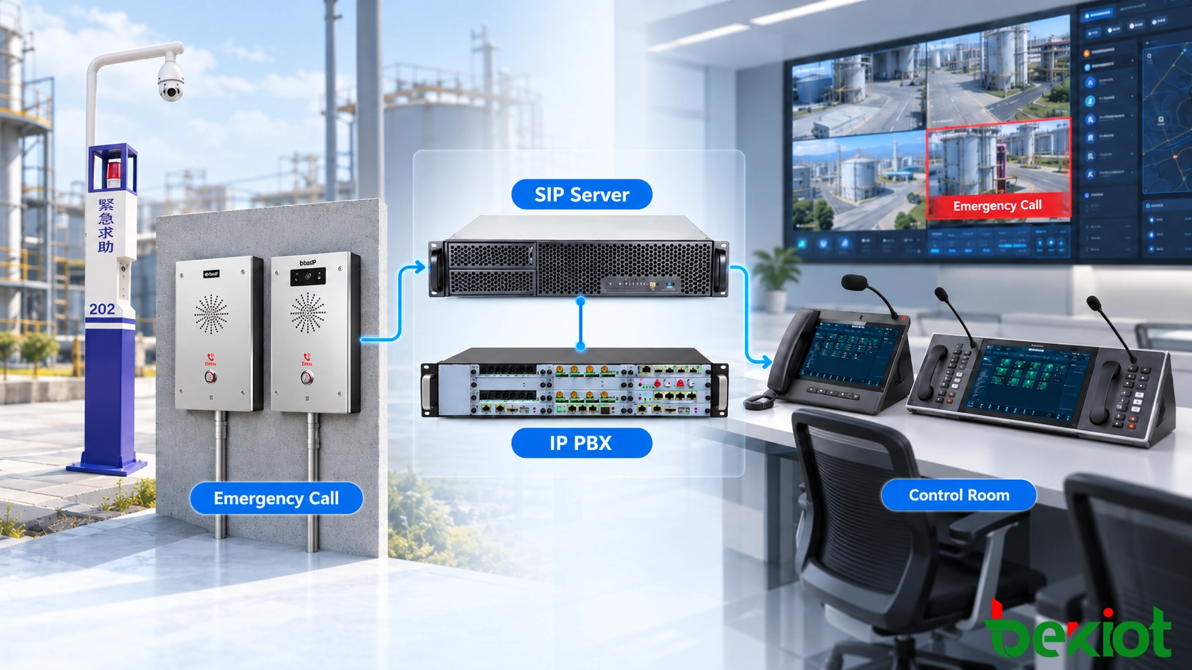 Emergency event response workflow from SIP emergency intercom to control room