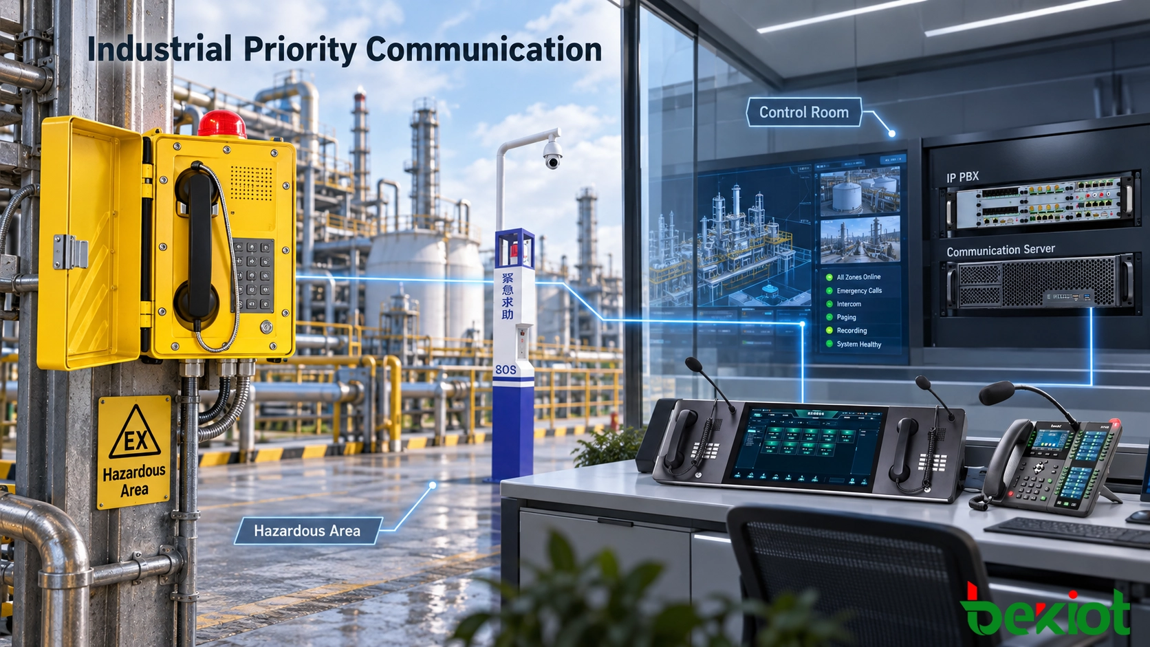 Industrial SIP priority communication system application with emergency telephone and control room